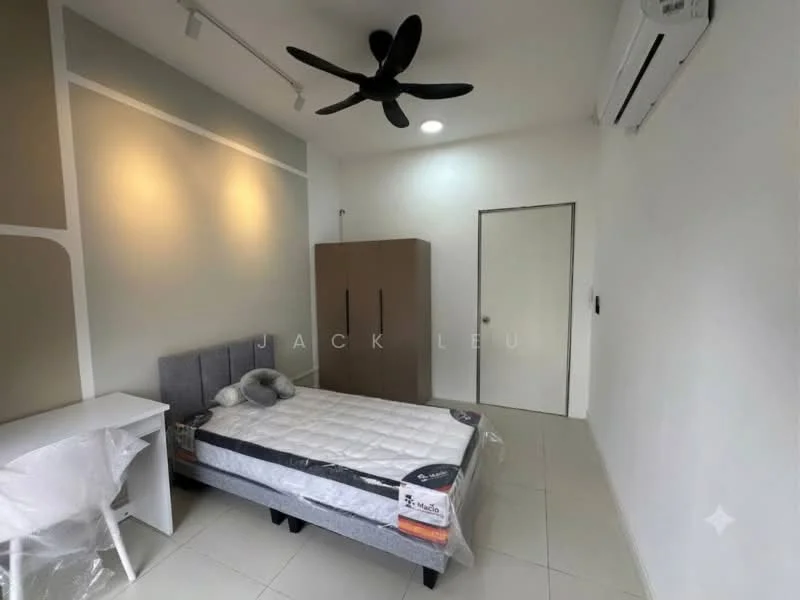 Bedroom features: queen-size bed, upholstered headboard, 2 bedside lamps, built-in wardrobe, white walls, grey accent wall, ceiling fan, wall-mounted air conditioning unit, tile flooring, study desk, chair; style: modern.
