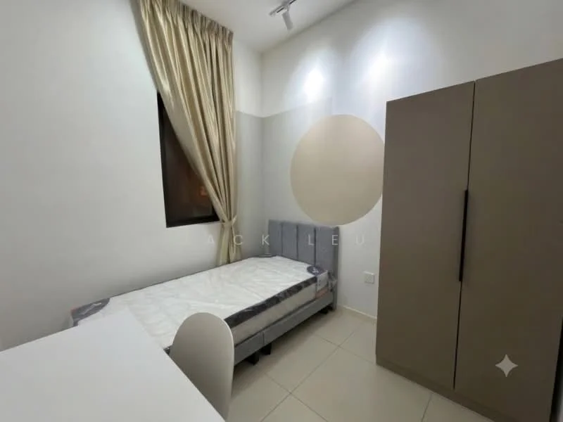 Bedroom features: single bed frame, mattress, built-in wardrobe in light grey, cream curtains, white painted walls, tile flooring, desk with chair, window with view, decorative wall circle; style: modern.