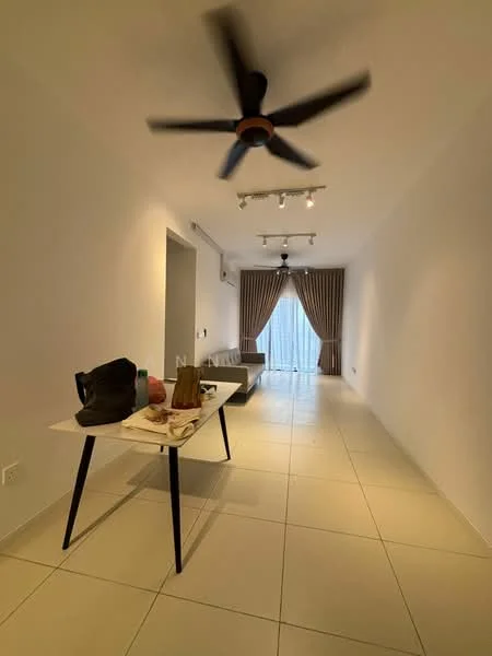 Living features: white painted walls, tile flooring, 5-blade ceiling fan, recessed LED downlights, curtains, sofa, coffee table, decorative items on table; style: modern.