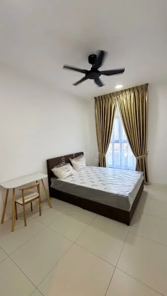Bedroom features: queen-size bed, upholstered headboard, 2 bedside pillows, white bedding, ceiling fan with 3 blades, floor-to-ceiling window, sheer curtains, tile flooring, study desk, wooden chair; style: modern.