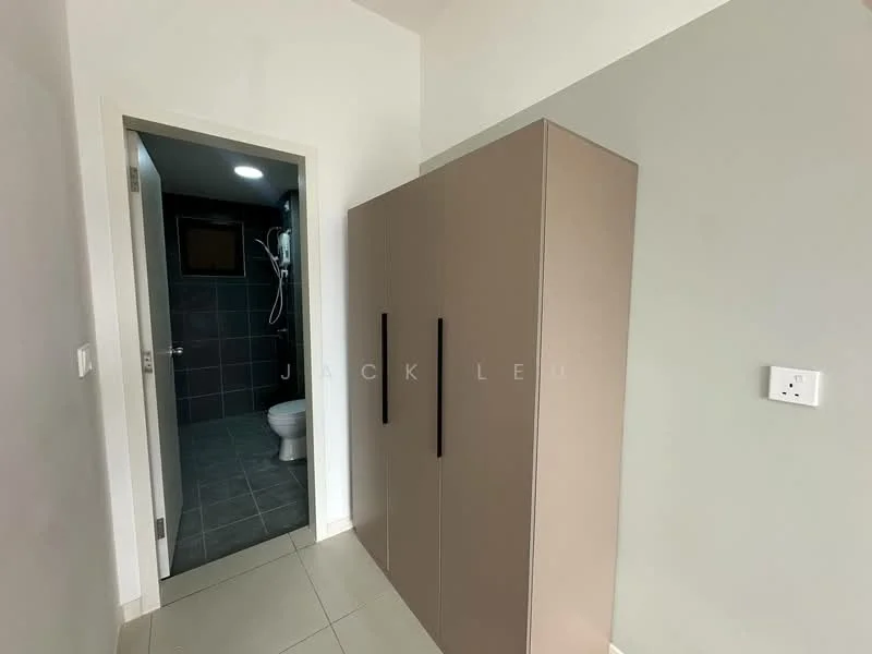 Room features: built-in wardrobe with beige finish, white walls, grey accent wall, tile flooring, doorway leading to bathroom, overhead lighting, toilet visible in bathroom, shower fixture visible in bathroom; style: modern.