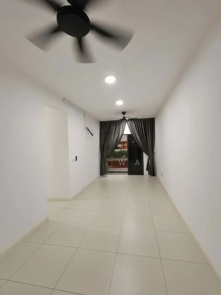 Room features: white painted walls, tile flooring, 5-blade ceiling fan, recessed LED downlights, sliding glass door, sheer curtains, balcony view, neutral color scheme; style: modern.