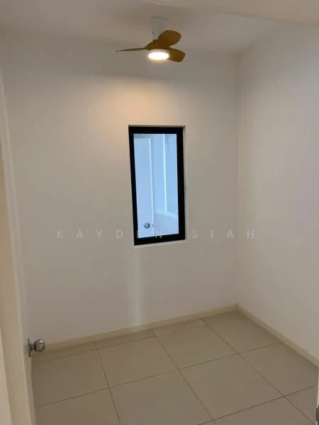 Room features: white painted walls, tile flooring, ceiling fan with 3 blades, small rectangular window with black frame, door with doorknob.