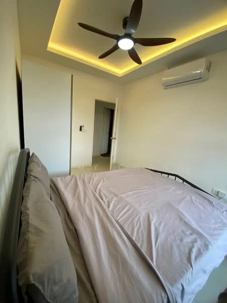 Bedroom features: king-size bed with grey bedding, 5-blade ceiling fan with integrated LED light, white painted walls, recessed lighting, wall-mounted air conditioning unit, built-in wardrobe with sliding doors, door leading to hallway, neutral-colored flooring; style: modern.