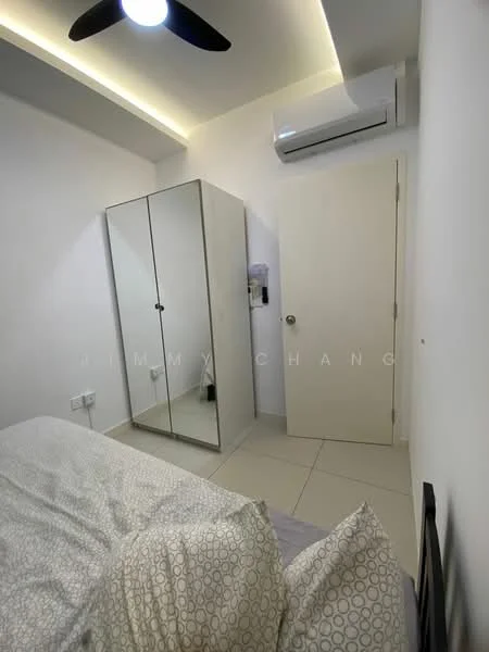 Bedroom features: white painted walls, ceiling fan, wall-mounted split AC, mirror sliding wardrobe, queen-size bed, bedding with patterned duvet, tile flooring, door with handle; style: modern.