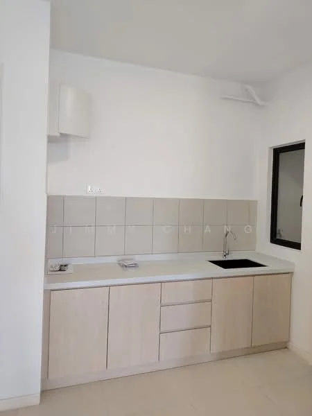 Kitchen features: light wood cabinetry, white countertop, single-bowl black sink, chrome faucet, grey tiled backsplash, wall-mounted cabinet, window with black frame, neutral wall colour, tile flooring; style: modern.