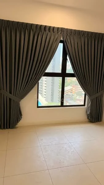 Room features: floor-to-ceiling window, grey curtains, neutral wall colour, tile flooring; view: city.