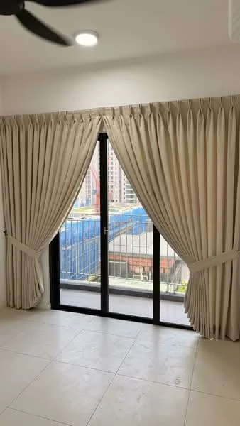 Room features: floor-to-ceiling windows, black sliding glass door, beige curtains, white walls, tile flooring, ceiling fan, recessed lighting; style: modern; view: city.