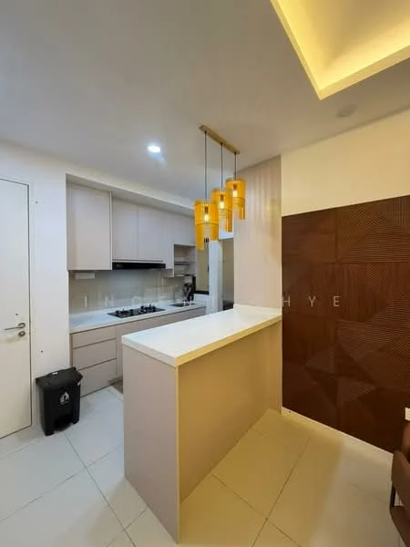 Kitchen features: light wood cabinetry, white countertop, stainless-steel gas hob, built-in oven, black kitchen appliances, pendant lighting with three yellow glass shades, white tiled flooring, recessed ceiling lights; style: modern.