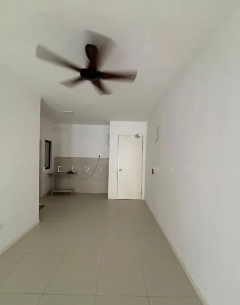 Room features: white painted walls, tile flooring, ceiling fan, window, door, kitchenette area with countertop, light switch, neutral color scheme; style: minimalist.