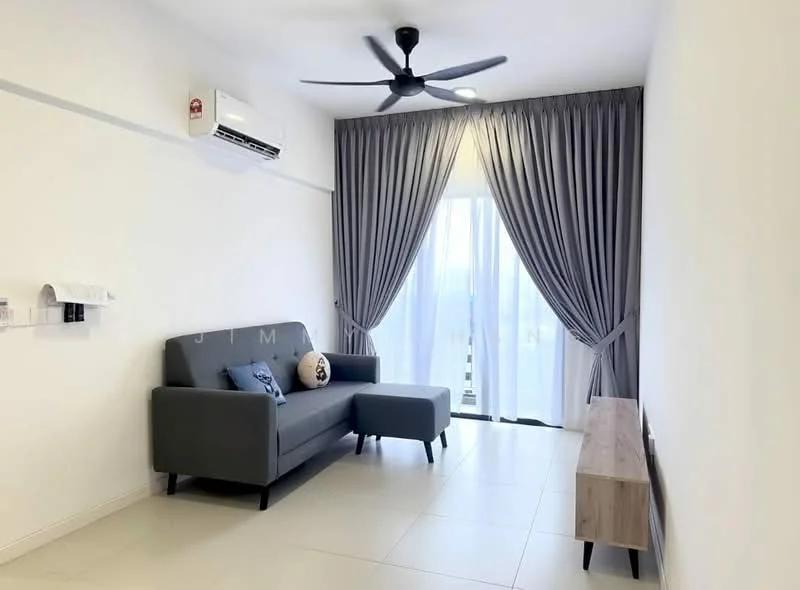 Living features: 3-seater fabric sofa in grey, accent chair, wooden TV console, floor-to-ceiling windows, sheer curtains, dark grey curtains, wall-mounted air conditioning unit, recessed downlights, light-colored tile flooring; style: modern.
