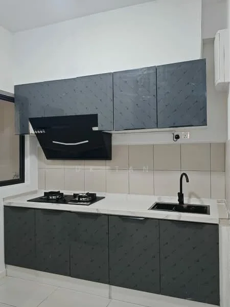 Kitchen features: black cabinetry with glossy finish, white quartz countertop, built-in gas hob with two burners, stainless-steel sink, black pull-down faucet, wall-mounted range hood, white tiled backsplash, wall-mounted split AC; style: modern.