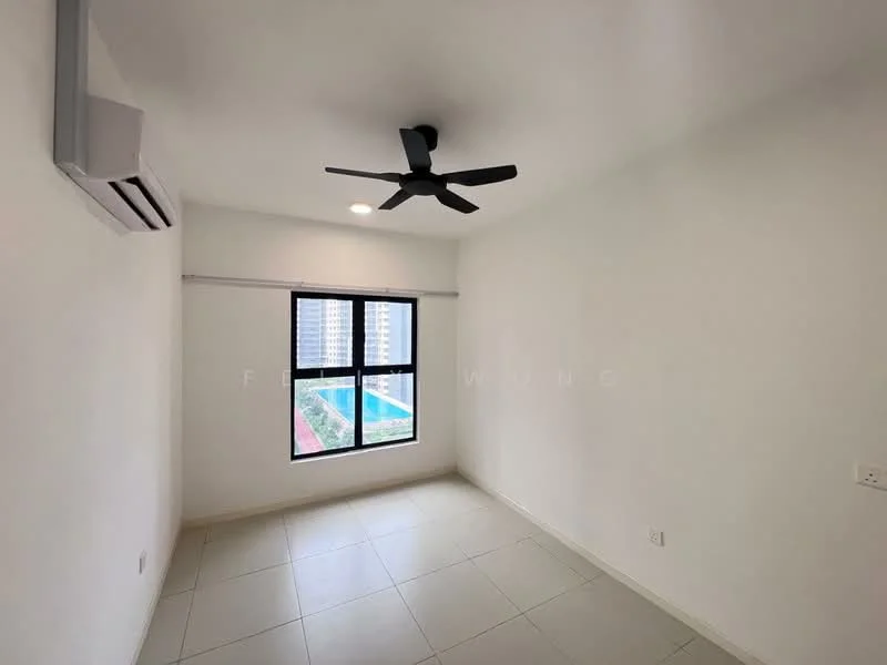 Room features: white painted walls, tile flooring, 5-blade ceiling fan, wall-mounted split AC, floor-to-ceiling window, city view; style: modern; view: city.