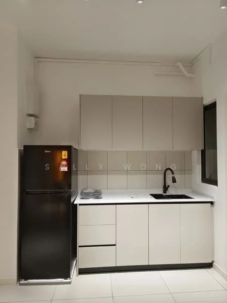 Kitchen features: black refrigerator, single-bowl stainless-steel sink, matte-black gooseneck faucet, white quartz countertop, light grey cabinetry, flat-panel cabinet doors, built-in oven, ceramic tile flooring, wall-mounted split AC, window with black frame; style: modern.