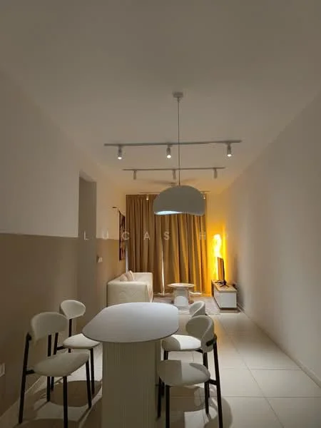 Dining features: round dining table, white dining chairs, pendant light, recessed downlights, cream painted walls, light-colored flooring, curtains, sofa in background, TV console, decorative lamp; style: modern.