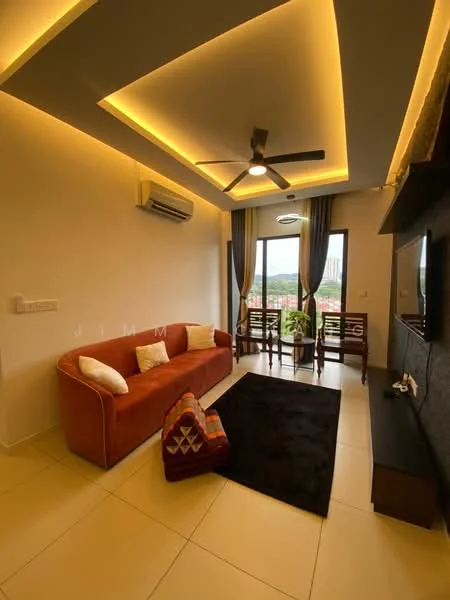 Living features: orange fabric sofa, black area rug, ceiling fan with light, wall-mounted TV, TV console, floor-to-ceiling window, curtains, recessed lighting, cream painted walls, tile flooring, wooden chairs, decorative cushion; style: modern; view: city.