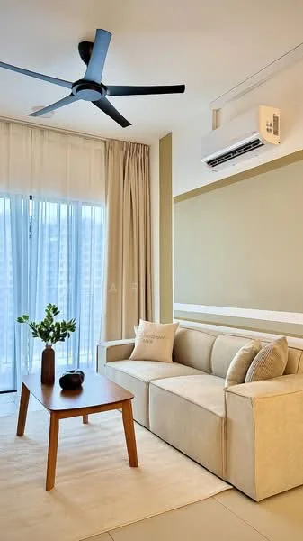 Living features: 3-seater fabric sofa in beige, wooden coffee table, area rug, floor-to-ceiling windows, sheer curtains, 1 wall-mounted split AC, 5-blade ceiling fan with light, decorative plant in vase, accent wall in light green, neutral wall colour, light-coloured flooring; style: modern; view: city.