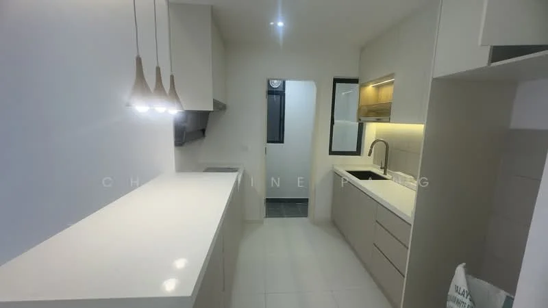 Kitchen features: white quartz countertop, single-bowl stainless-steel sink, chrome pull-down faucet, flat-panel cabinetry in light grey, built-in oven, stainless-steel range hood, 3-blade ceiling fan, pendant lighting, wall-mounted window, tile flooring in white, recessed downlights; style: modern.
