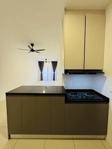 Kitchen features: kitchen island with black countertop, two-burner gas hob, built-in kitchen cabinetry in light beige, wall-mounted range hood, white walls, recessed downlights, 5-blade ceiling fan, large window with sheer curtains, tile flooring in cream, open layout to living area; style: modern.