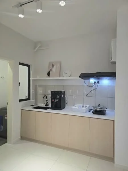 Kitchen features: white painted walls, light-colored cabinetry, marble countertop, single-bowl stainless-steel sink, chrome pull-down faucet, built-in stove, extraction hood, open shelving, recessed LED downlights, floor tiles, window with black frame; style: modern.