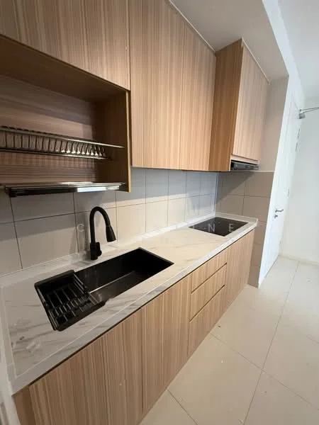 Kitchen features: single-bowl black sink, chrome pull-down faucet, marble countertop, wood cabinetry with light finish, open shelving above sink, tile backsplash, built-in oven, stainless-steel range hood, ceramic tile flooring, recessed downlights; style: modern.