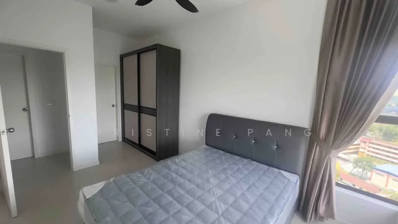 Bedroom features: queen-size bed, upholstered headboard, built-in wardrobe with sliding doors, floor-to-ceiling window, curtains, ceiling fan, light-colored walls, tile flooring; style: modern; view: city.