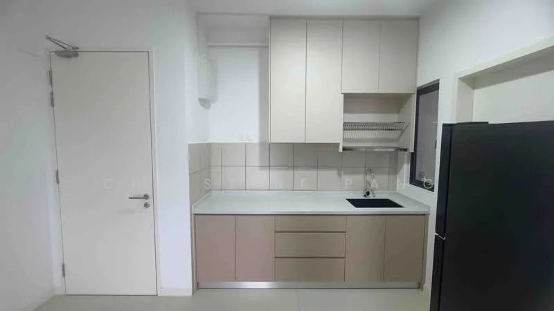 Kitchen features: light beige cabinetry, white countertop, single-bowl stainless-steel sink, chrome pull-down faucet, built-in wall shelves, ceramic tile backsplash, black refrigerator, neutral wall color, tile flooring, under-cabinet lighting; style: modern.