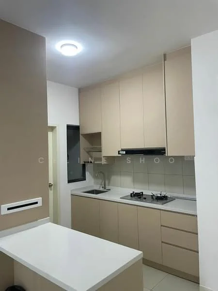 Kitchen features: light beige cabinetry, white quartz countertop, stainless-steel sink, chrome pull-down faucet, built-in gas hob, exhaust hood, white tiled backsplash, recessed ceiling lights, wall-mounted cabinet, open shelving, cream-colored walls, tile flooring; style: modern.
