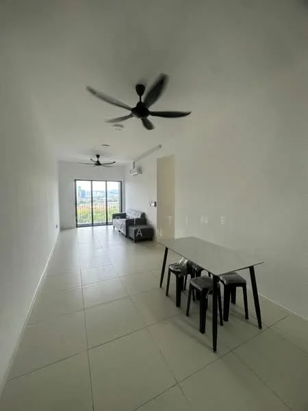 Living features: white painted walls, tile flooring, 2 ceiling fans, floor-to-ceiling sliding glass door, black dining table, 4 dining chairs, sofa, large windows with view, air conditioning unit; style: modern; view: city.