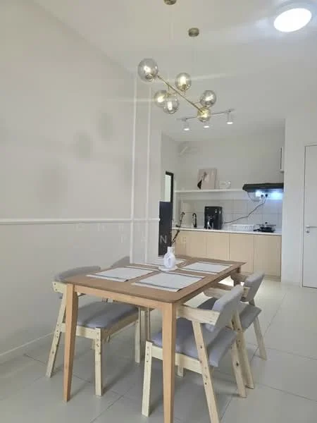 Dining features: wooden dining table, 4 upholstered dining chairs in grey, modern chandelier with spherical bulbs, white painted walls, recessed ceiling lights, tile flooring, open kitchen view, kitchen counter visible in background; style: modern.