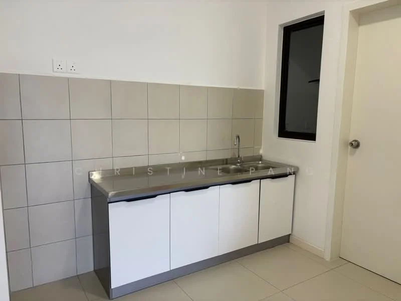 Kitchen features: stainless-steel sink, chrome pull-down faucet, white cabinetry with flat-panel doors, grey countertop, light grey tiled backsplash, cream tiled walls, light-colored floor tiles, window for natural light; style: modern.