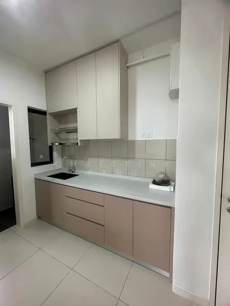 Kitchen features: light beige cabinetry, white countertop, built-in sink, single-bowl stainless-steel sink, chrome faucet, ceramic tile flooring, wall-mounted range hood, glass backsplash, recessed lighting, open shelving, built-in oven, cooktop, under-cabinet lighting; style: modern.