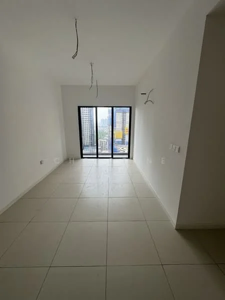 Room features: white painted walls, light-colored tile flooring, floor-to-ceiling windows, city view, exposed ceiling wiring, no visible furniture or decor; style: modern; view: city.