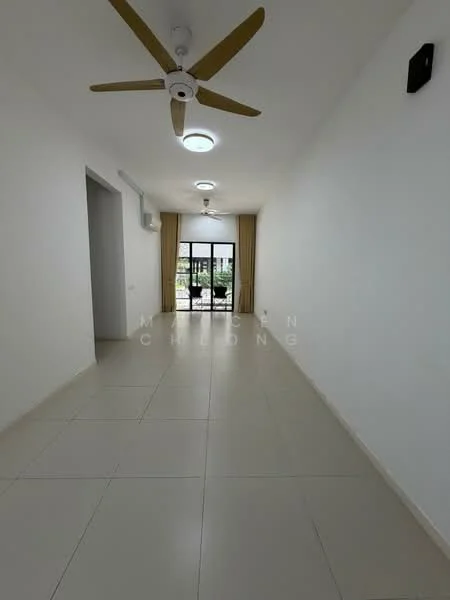 Living features: white painted walls, tile flooring, 5-blade ceiling fan with light, recessed downlights, floor-to-ceiling windows, sliding glass door, curtains, balcony view; style: modern; view: garden.