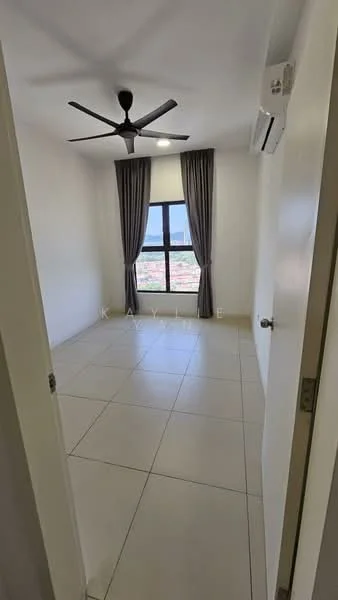 Room features: white painted walls, tile flooring, 5-blade ceiling fan, floor-to-ceiling window, grey curtains, wall-mounted split AC; style: modern; view: city.
