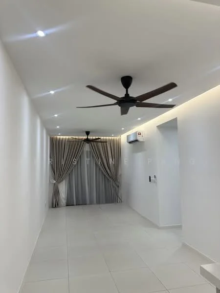 Room features: white painted walls, recessed downlights, 2 ceiling fans, light-colored tile flooring, curtains in neutral color, air conditioning unit on wall, smooth ceiling, minimalist design; style: modern.