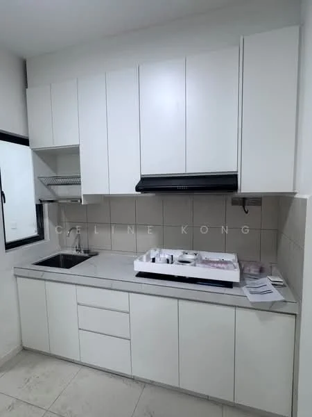 Kitchen features: white cabinetry, grey countertop, single-bowl stainless-steel sink, chrome pull-down faucet, built-in range hood, tile backsplash, wall-mounted cabinets, under-cabinet lighting, ceramic tile flooring, window with black frame; style: modern.