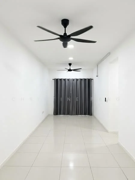 Room features: white painted walls, glossy ceramic tile flooring, 2 ceiling fans, grey curtains, recessed downlights; style: modern.