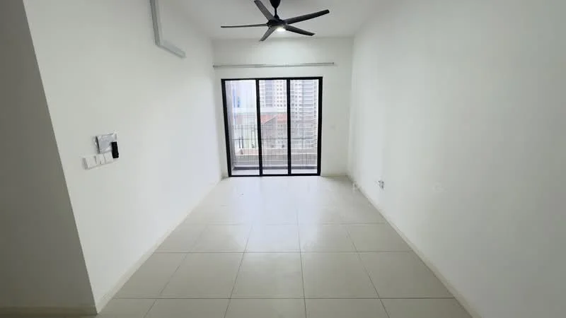Living features: white painted walls, tile flooring, 5-blade ceiling fan, floor-to-ceiling windows, sliding glass door, city view, neutral decor, natural light; style: modern; view: city.