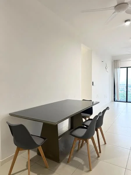 Dining features: rectangular dining table with dark surface, 4 grey dining chairs with wooden legs, white painted walls, light-colored tiled flooring, ceiling fan, large window with city view, curtains, recessed lighting; style: modern; view: city.