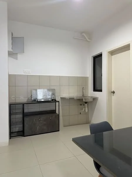 Kitchen features: white painted walls, grey tiled backsplash, light-colored floor tiles, single-bowl stainless-steel sink, chrome pull-down faucet, countertop with storage underneath, black metal shelving unit, window with black frame, door with handle, wall-mounted air conditioning unit; style: modern.
