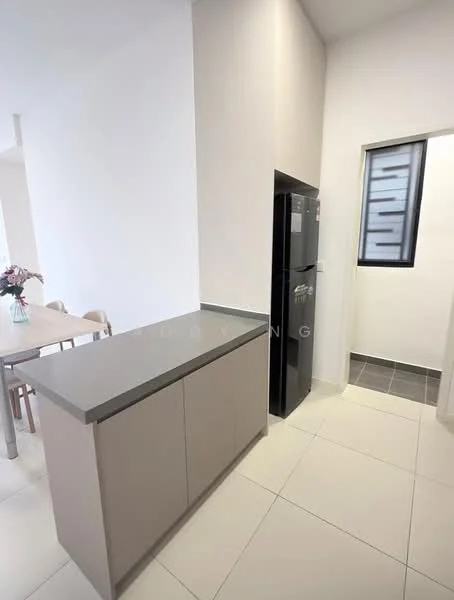 Kitchen features: grey countertop, light grey cabinetry, stainless-steel fridge, white tiled flooring, white painted walls, window with black frame, open layout, dining area visible in background; style: modern. Room features: grey tiled flooring, white painted walls, window with black frame.