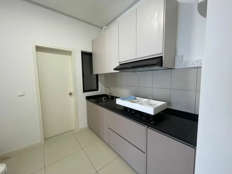 Kitchen features: light grey cabinetry, black granite countertop, single-bowl stainless-steel sink, chrome pull-down faucet, built-in gas hob, exhaust hood, white tiled backsplash, cream tiled flooring, window with black frame, white painted walls, door leading to hallway; style: modern.