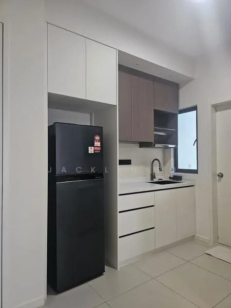 Kitchen features: black fridge, white cabinetry, brown upper cabinets, stainless-steel sink, chrome pull-down faucet, white countertop, tile backsplash, window with view, built-in oven, drawer storage, open shelving; style: modern.