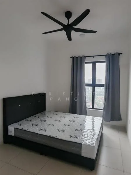 Bedroom features: king-size bed, black upholstered bed frame, white bedding, 5-blade ceiling fan, floor-to-ceiling window, grey curtains, white painted walls, tile flooring; style: modern; view: city.