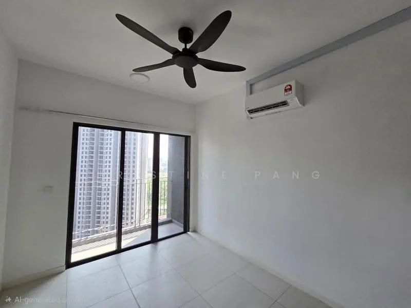 Room features: white painted walls, ceiling fan, 1 wall-mounted split AC, floor-to-ceiling sliding glass door, tile flooring, balcony access, natural light from balcony, city view from balcony; style: modern; view: city.