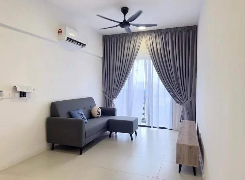 Living features: grey fabric sofa, single armchair, coffee table, wall-mounted air conditioning unit, floor-to-ceiling windows, sheer curtains, grey curtain drapes, light-colored tiled flooring, wall-mounted shelf, decorative cushion, ceiling fan with light; style: modern; view: city.