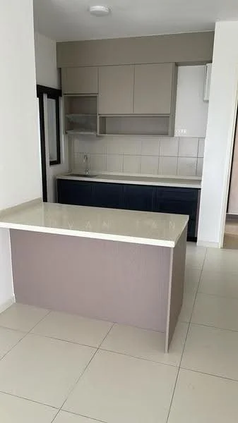 Kitchen features: kitchen island with countertop, two-tone cabinetry in grey and navy, stainless-steel sink, single-bowl stainless-steel sink, chrome pull-down faucet, ceramic tile flooring, white tiled backsplash, built-in oven, recessed downlights, open shelving above countertop, window for natural light, neutral wall color; style: modern.