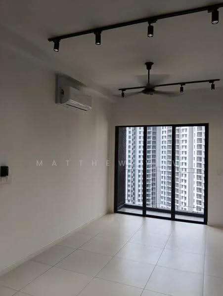 Room features: white painted walls, tile flooring, 5-blade ceiling fan with light, 1 wall-mounted split AC, floor-to-ceiling sliding glass door, black metal window frames, track lighting, open layout; style: modern; view: city.