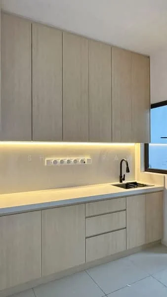 Kitchen features: light wood cabinetry, white countertop, single-bowl stainless-steel sink, black gooseneck faucet, under-cabinet LED lighting, built-in electrical outlets, large window with city view, ceramic tile flooring; style: modern; view: city.